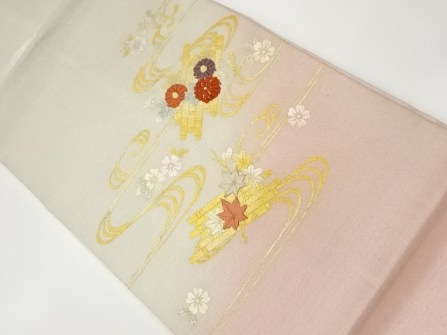 リサイクル　金彩流水に花筏模様刺繍名古屋帯